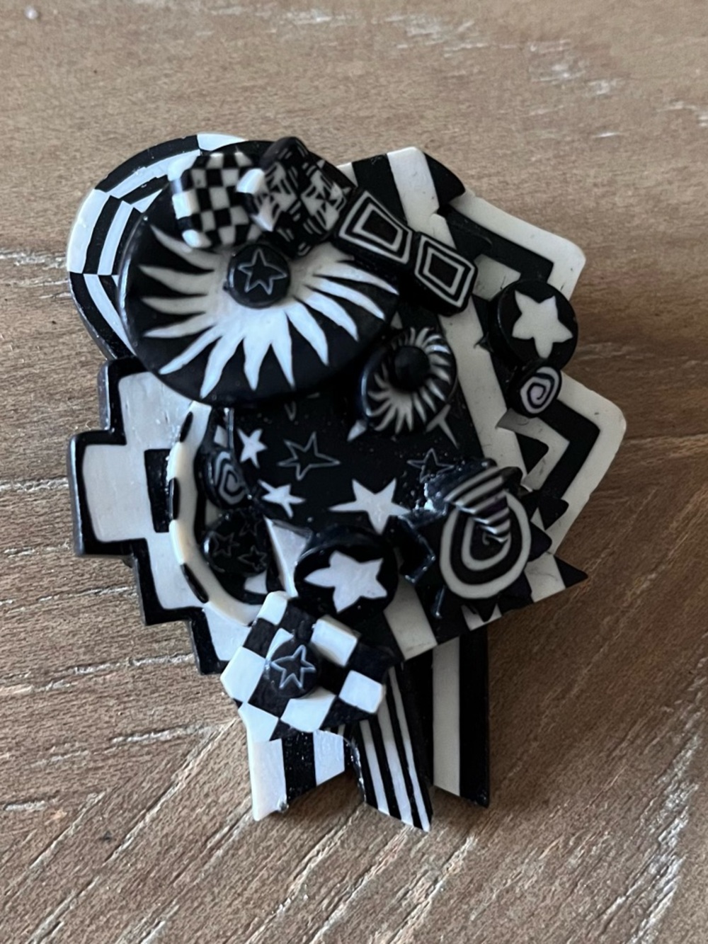 Handmade Vintage Black & White Abstract Star Stripe Brooch Pin